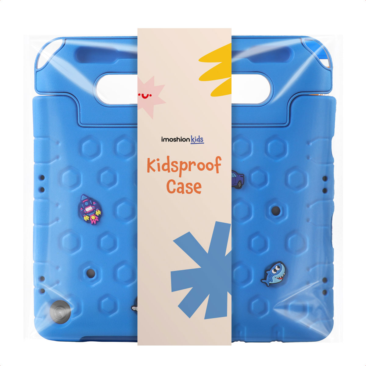 Blue kid-proof tablet case with handles, rocket and shark stickers.