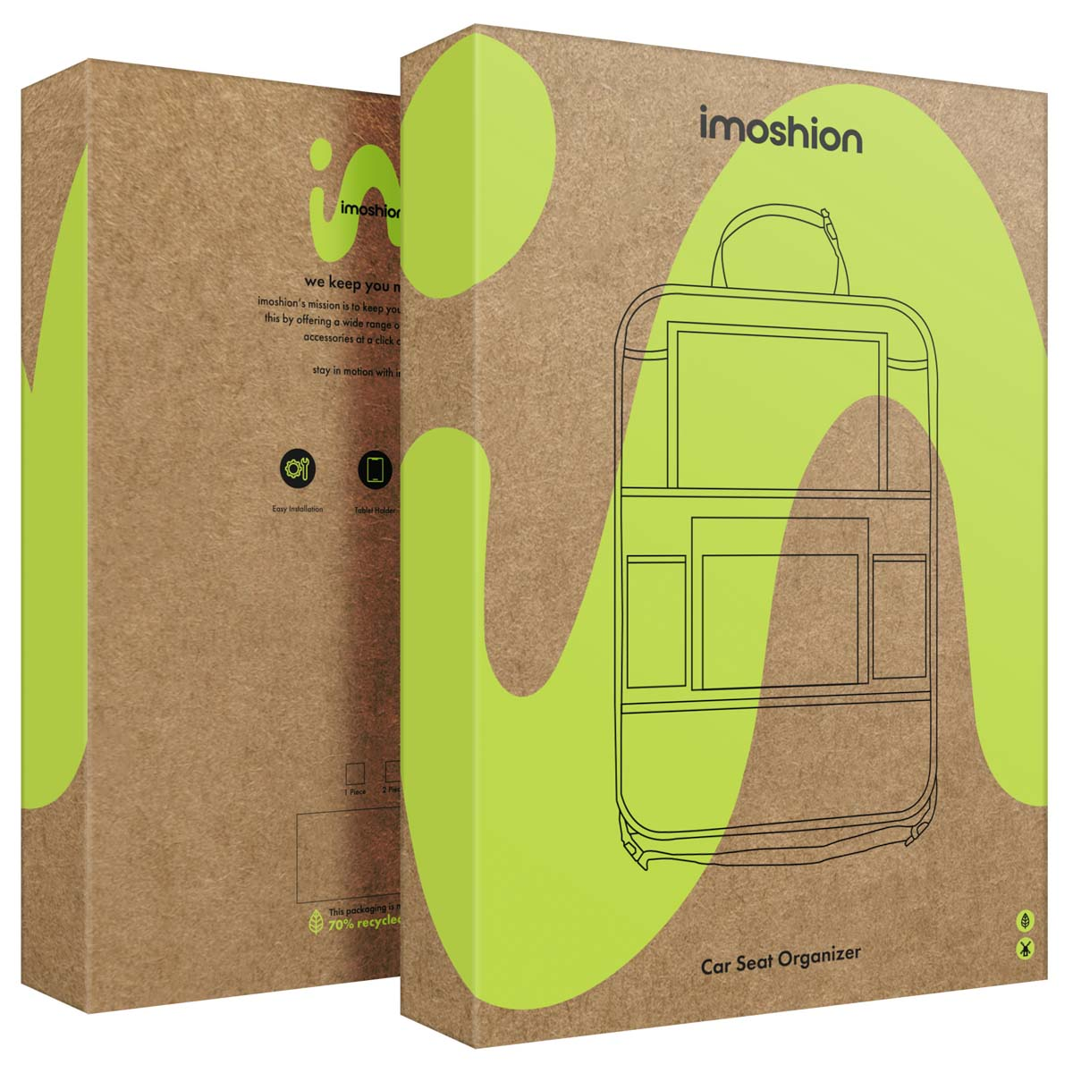 Two car seat organizer boxes with green waves and product line drawings.