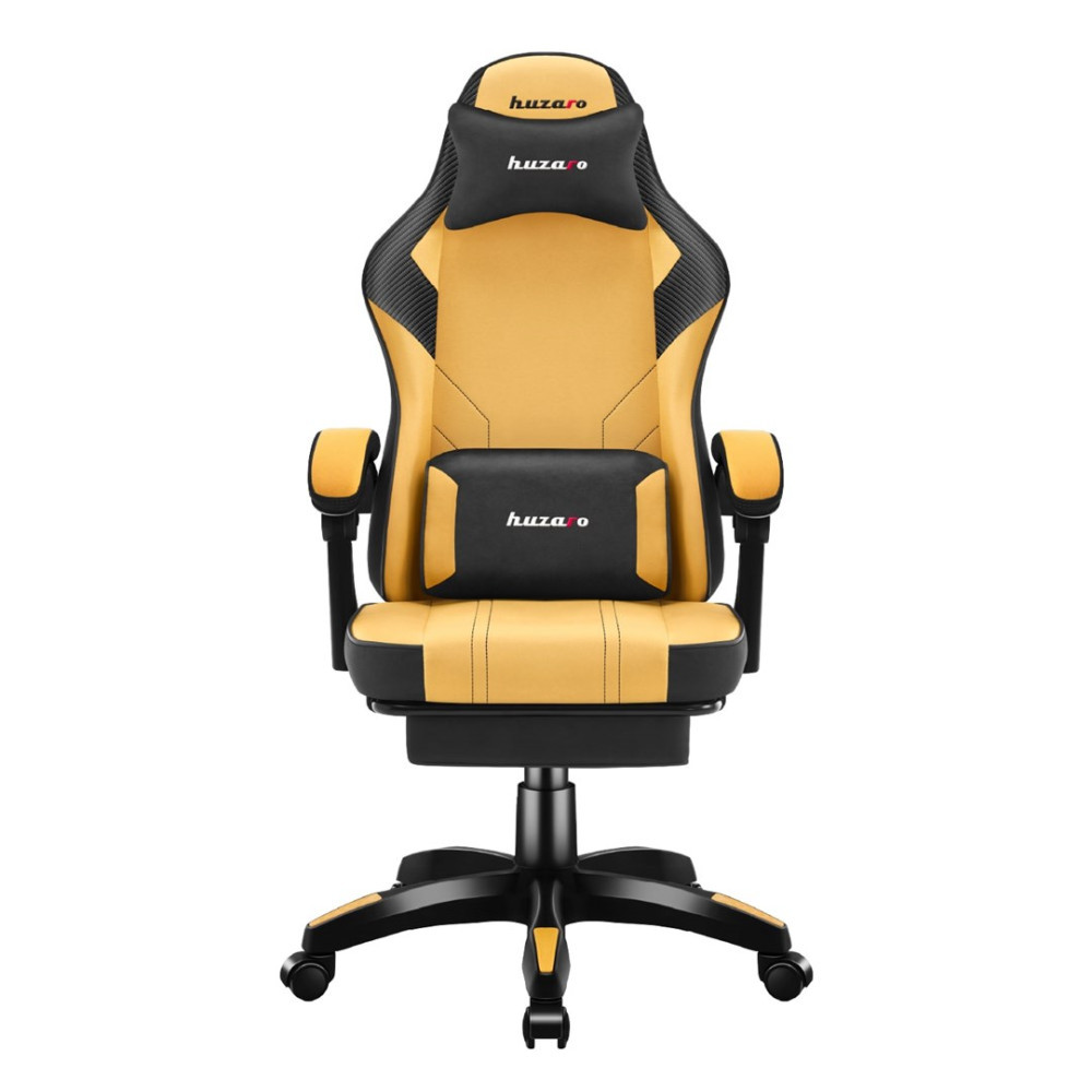 Żółto-czarny fotel gamingowy z poduszkami na głowę i lędźwie.