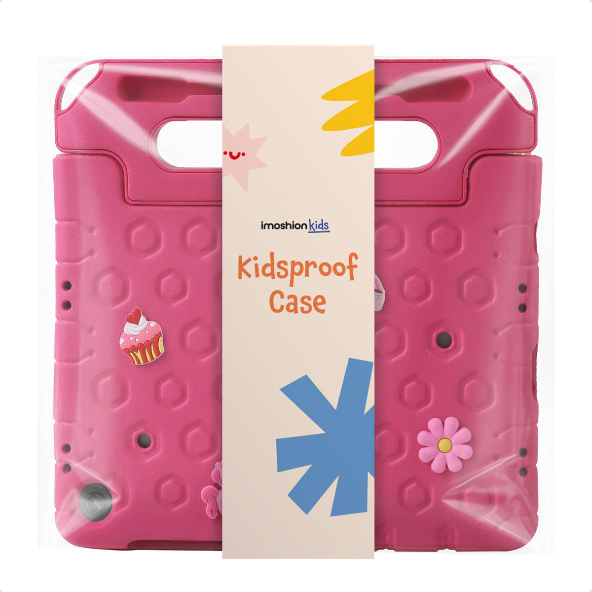 A pink, kidproof tablet case with handles and a cupcake detail.