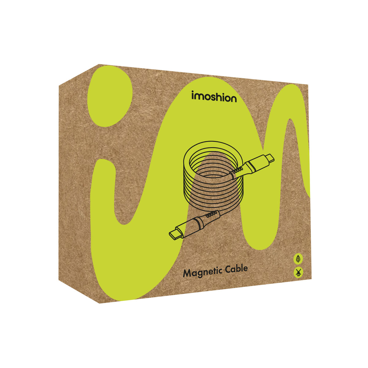 Eine braune Box mit neon gr&uuml;ner Grafik und Text 'imoshion Magnetic Cable'.