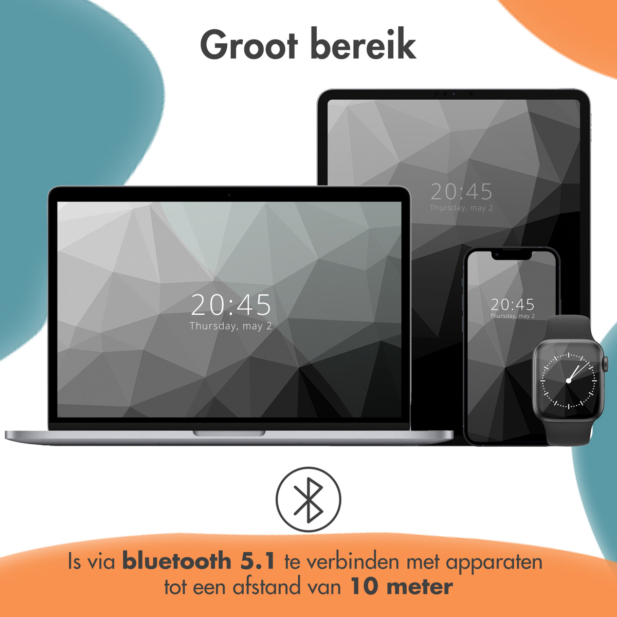 Een laptop, tablet, smartphone en smartwatch met abstracte achtergrond.