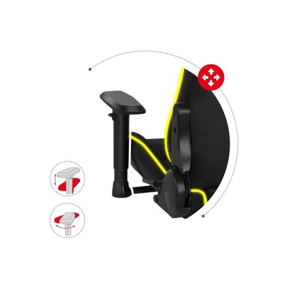 Czarny podłokietnik fotela gamingowego z żółtymi akcentami i ikonami.