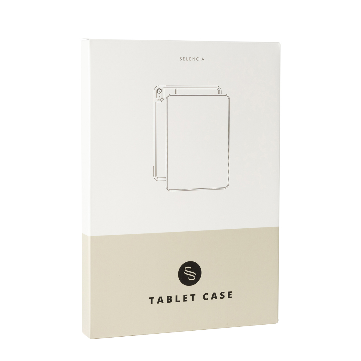 Witte verpakking met schematische tekening van een tablethoes en logo.
