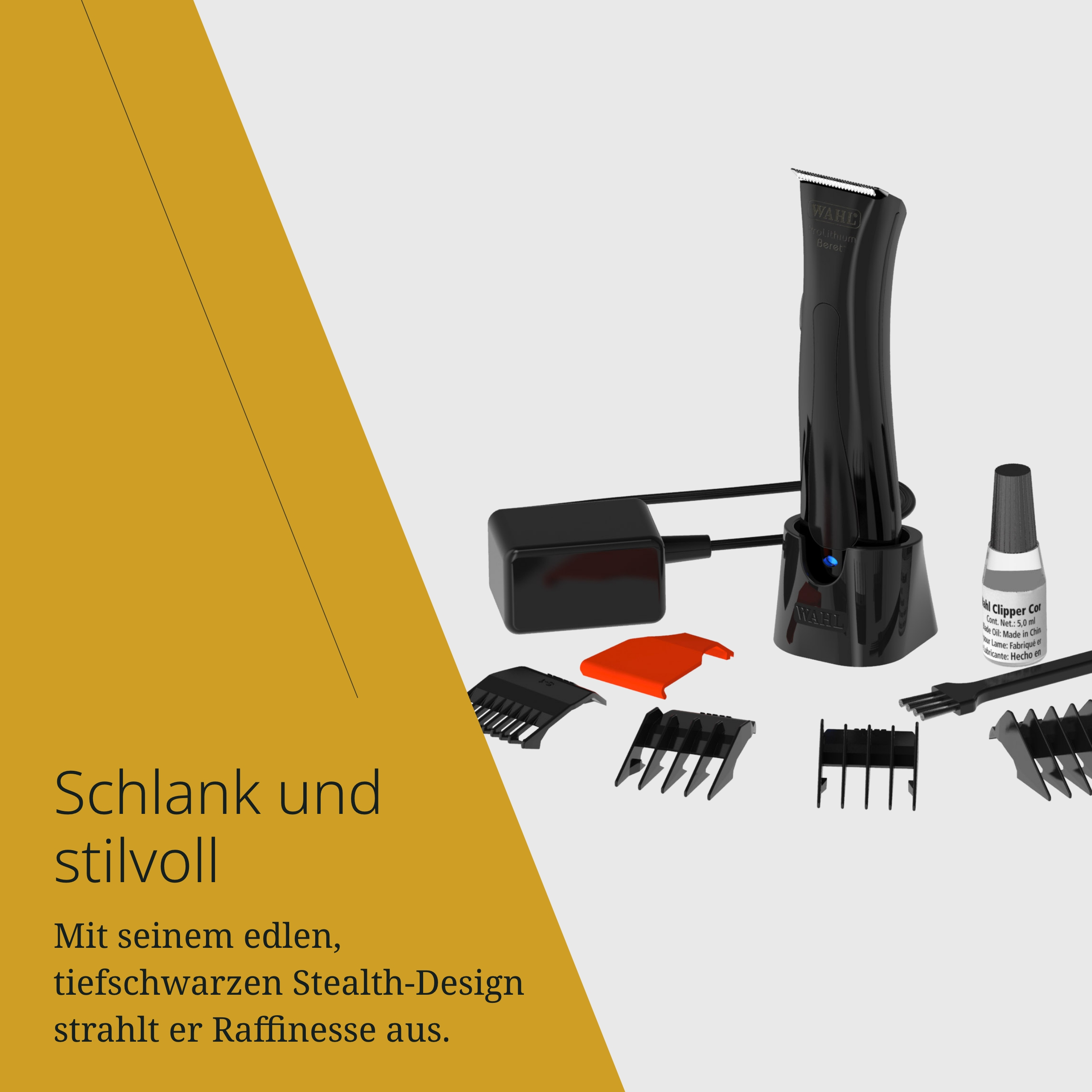 Schwarzer Haarschneider mit Ladestation, Öl und Aufsätzen auf grauem Hintergrund.