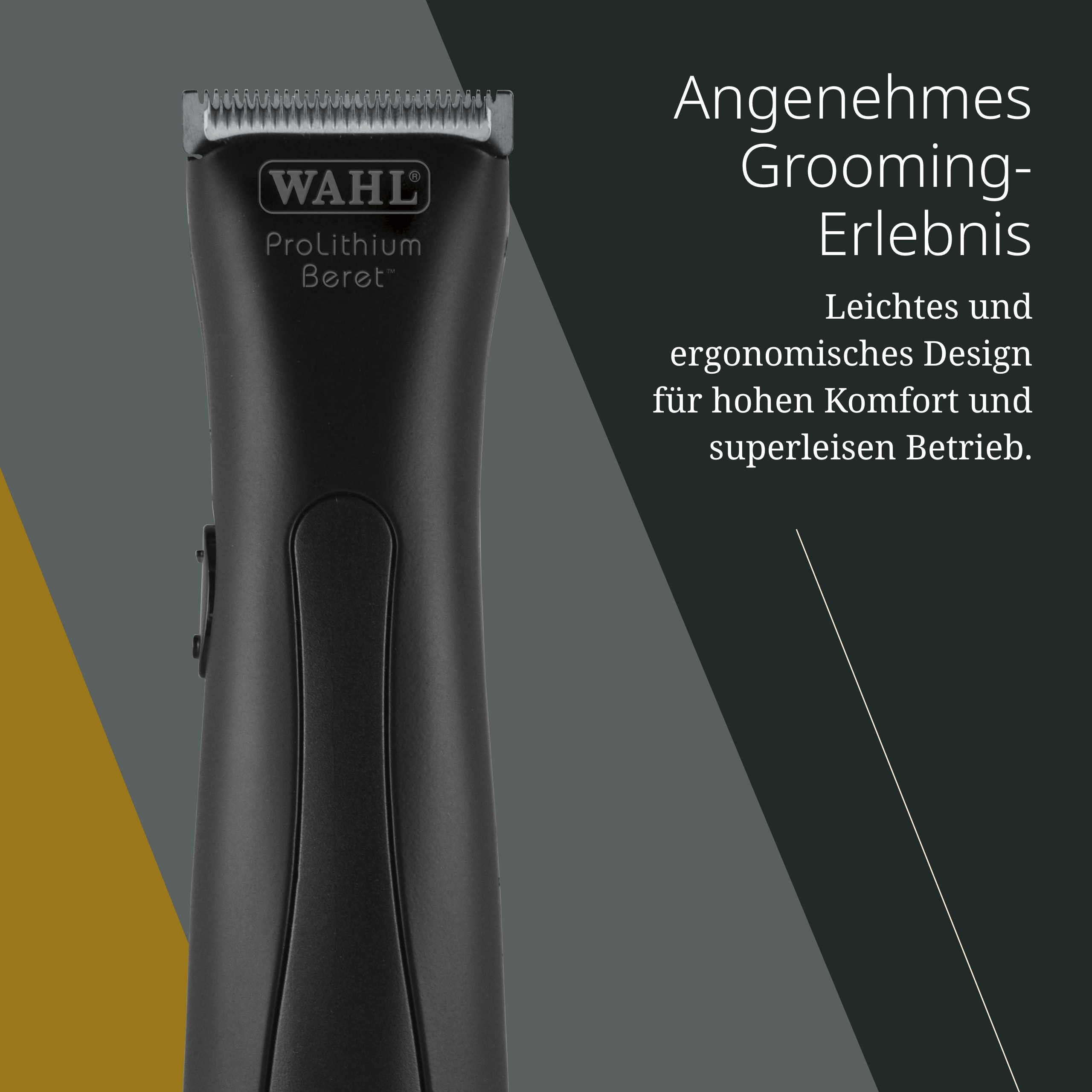 Ein schwarzer WAHL Haarschneider mit silberner Klinge, liegt auf einem dunklen Hintergrund.