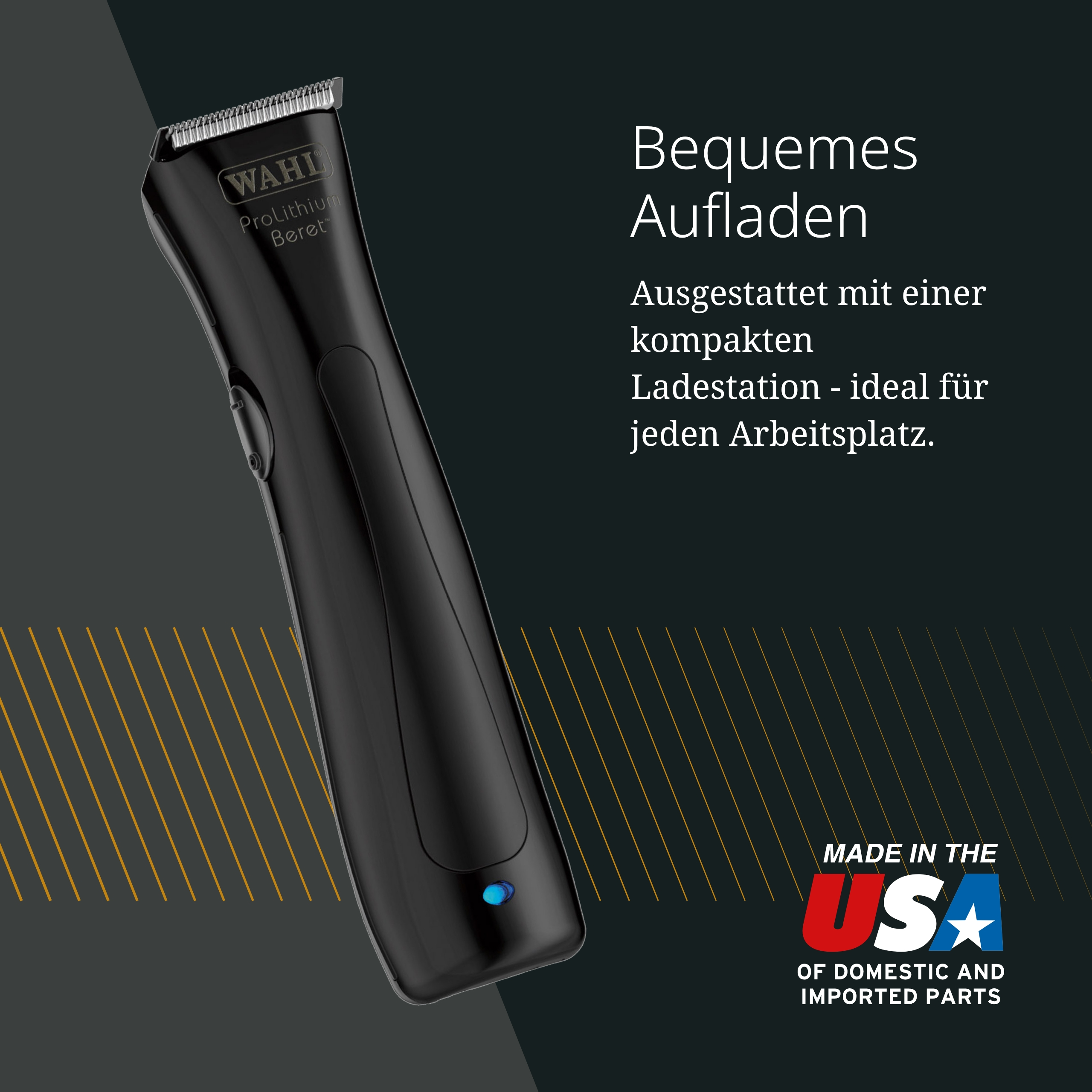 Schwarzer Wahl Haarschneider mit Ladestation und US-Flagge.