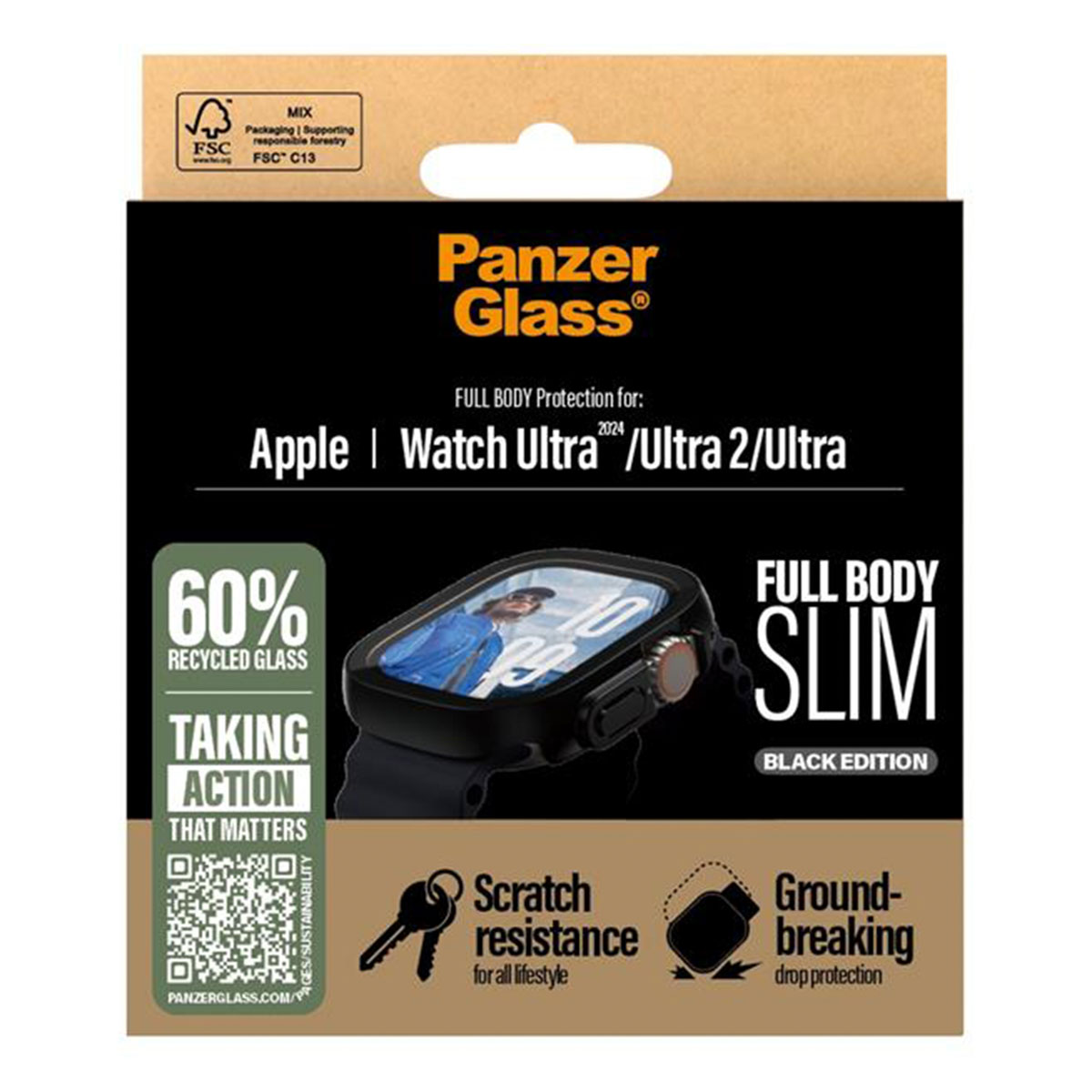 Panzer Glass Apple Watch Ultra packaging with 60% recycled glass.