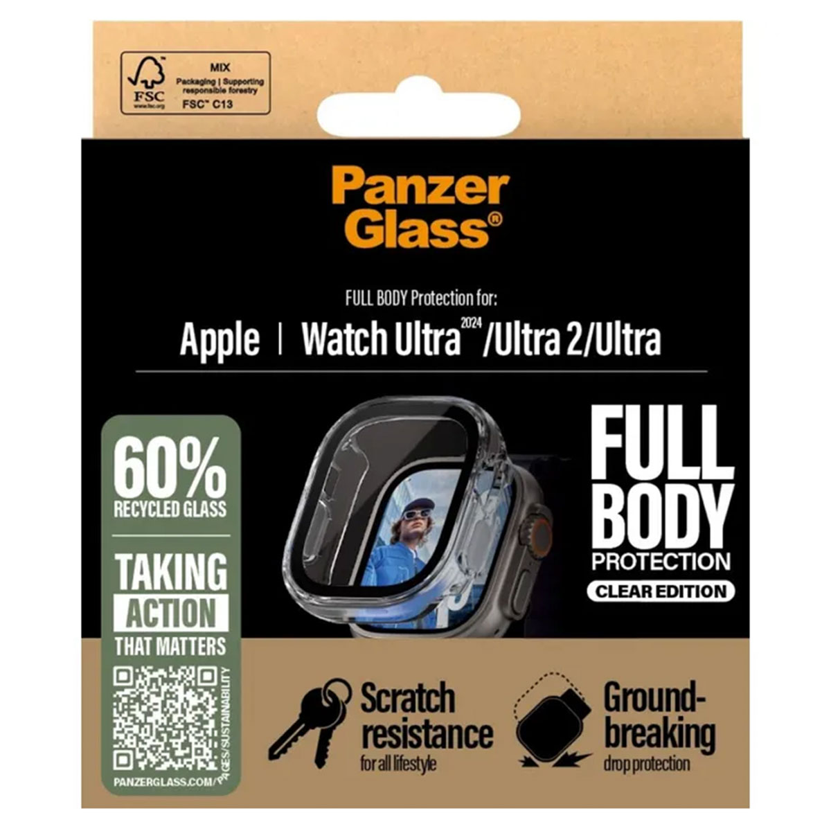 Panzer Glass full body protection for Apple Watch Ultra/Ultra 2/Ultra, 60% recycled glass.