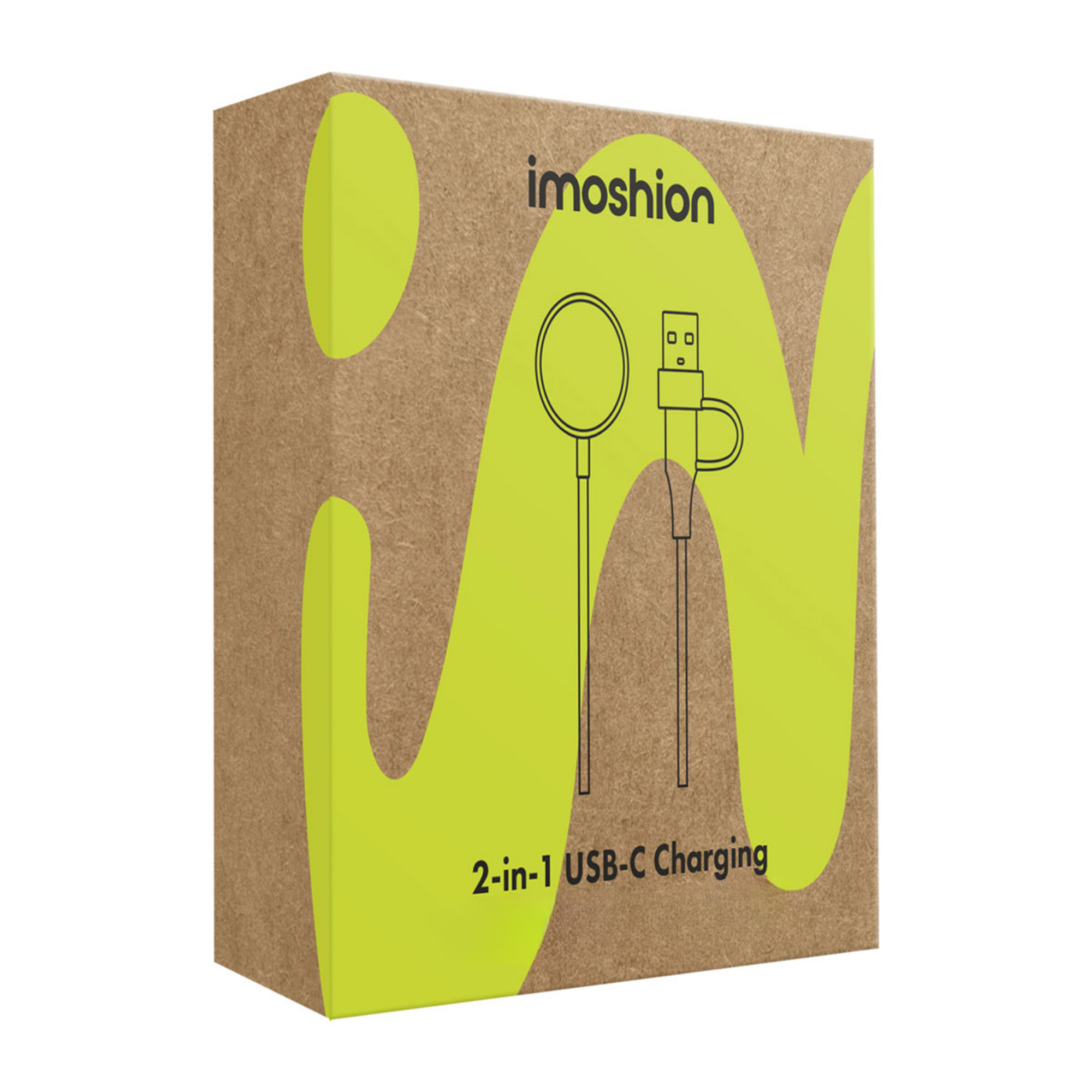 Une boîte marron avec le logo Imoshion et un graphique d'un câble de chargement USB-C 2-en-1.
