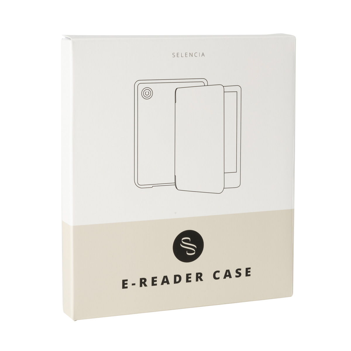Confezione custodia e-reader con schema di dispositivo e cover.