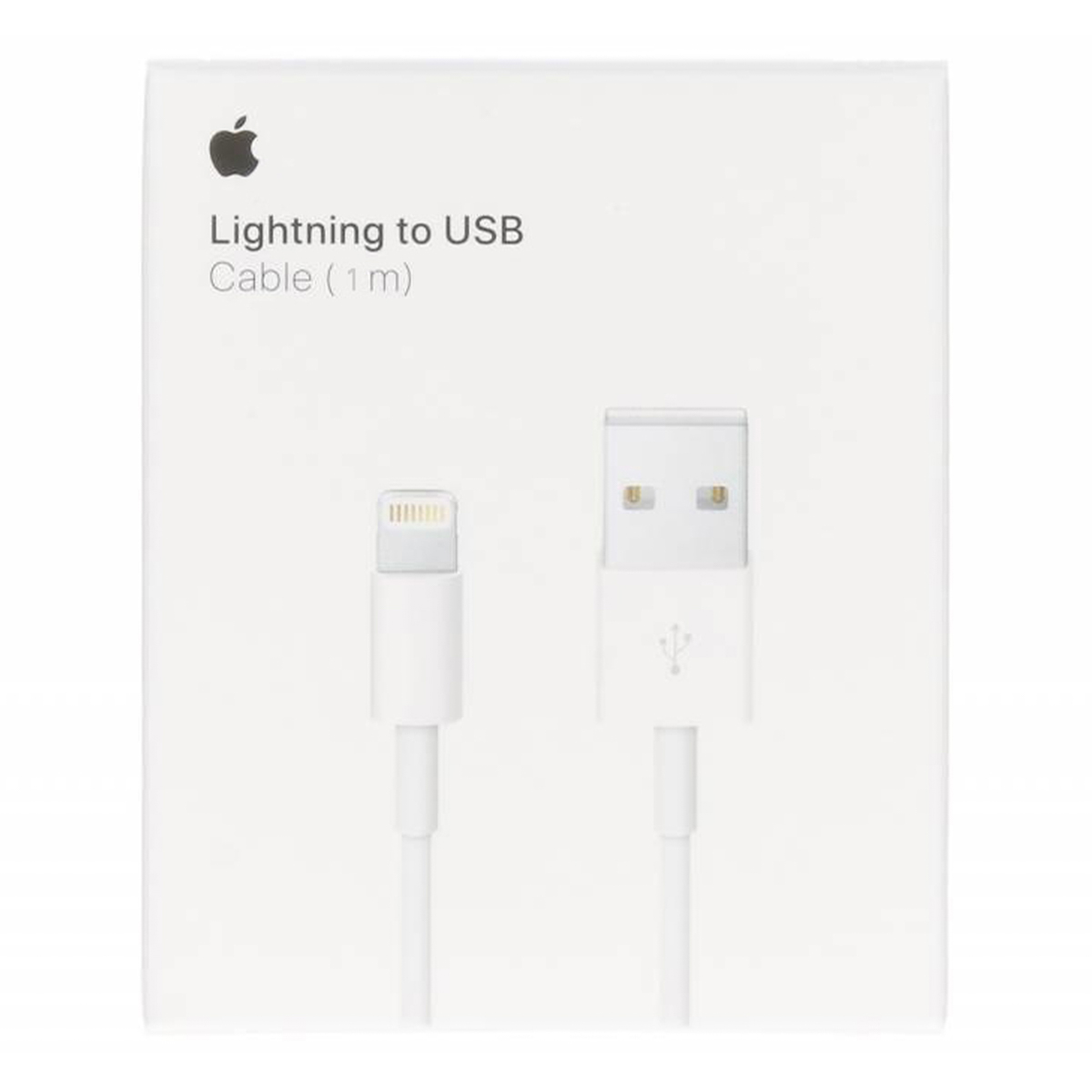 Un cavo bianco Lightning-USB Apple su scatola bianca.