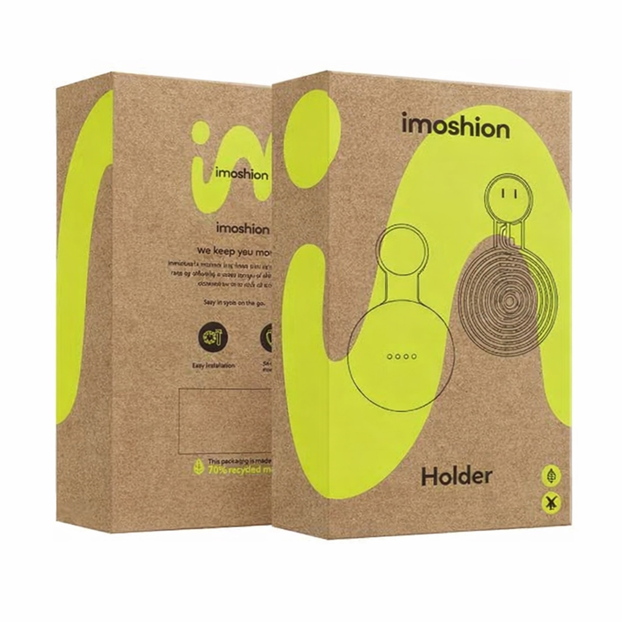 Bruine verpakking met groene accenten toont een oplaadhouder ontwerp.