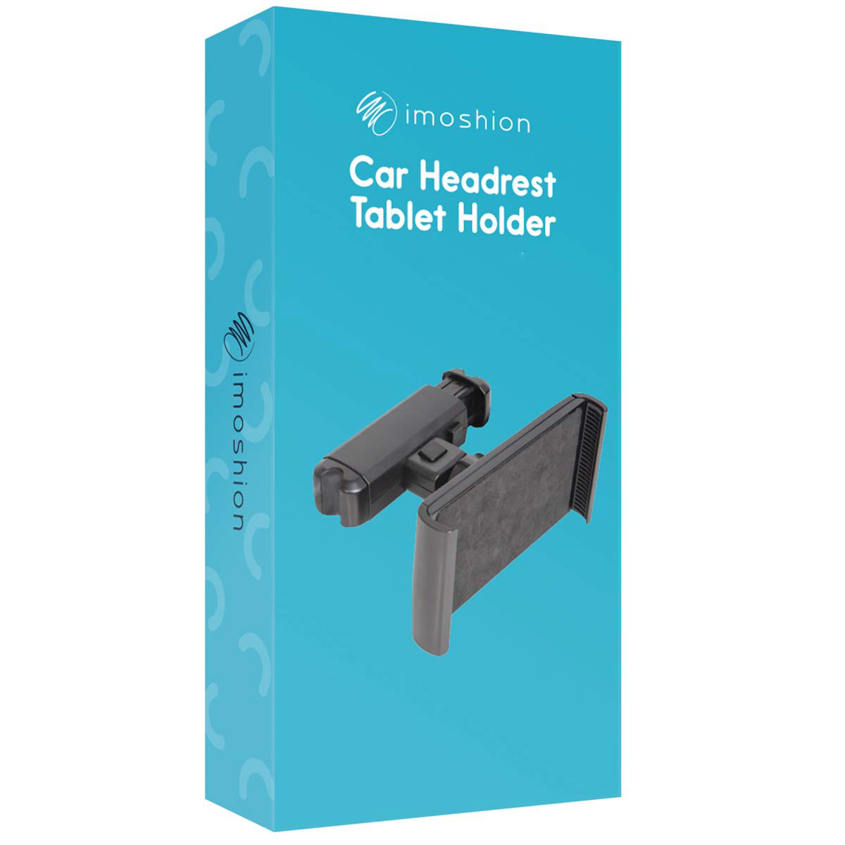 A black car headrest tablet holder displayed on a blue package.