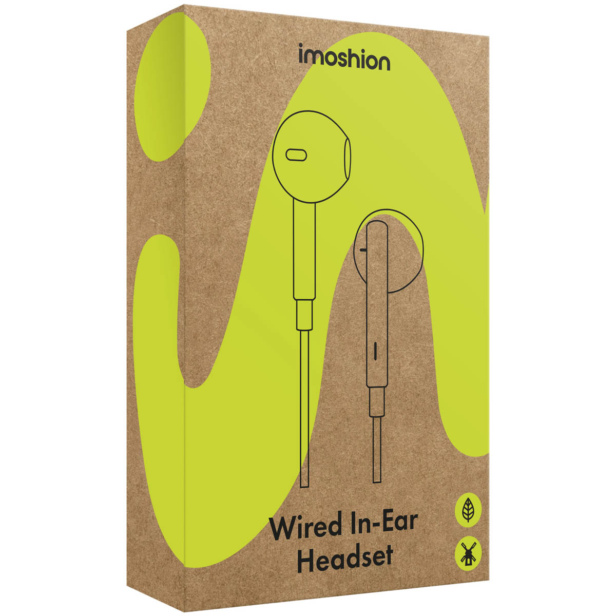 Cardboard box packaging for a wired headset, featuring headphone illustration and green design.