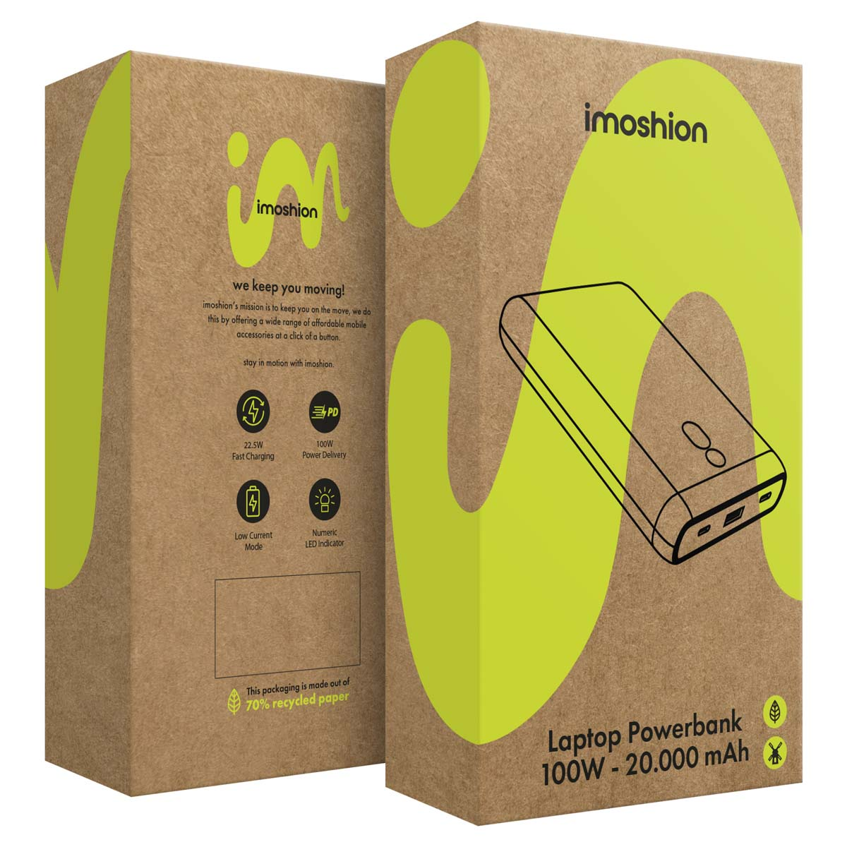 Batterie externe Imoshion 100W, 20.000 mAh, avec indicateur de charge, sur emballage brun.