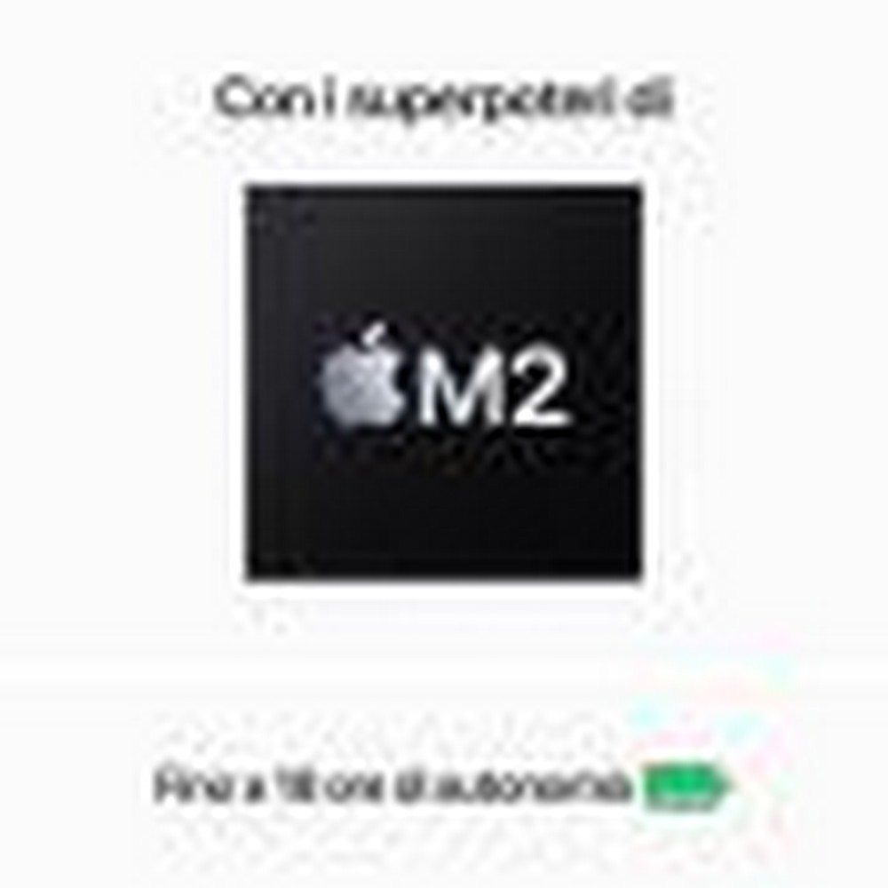 Logo chip Apple M2 con testo. Indicatore batteria in basso.