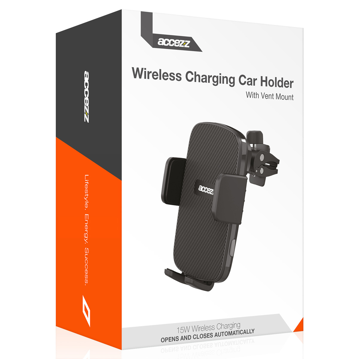Packaging of a black wireless car charger with vent mount.