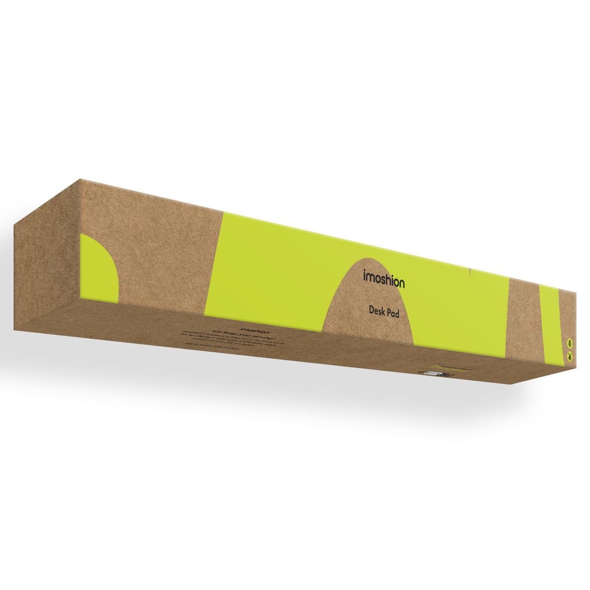 A long cardboard box with a lime green band labeled "imoshion Desk Pad".