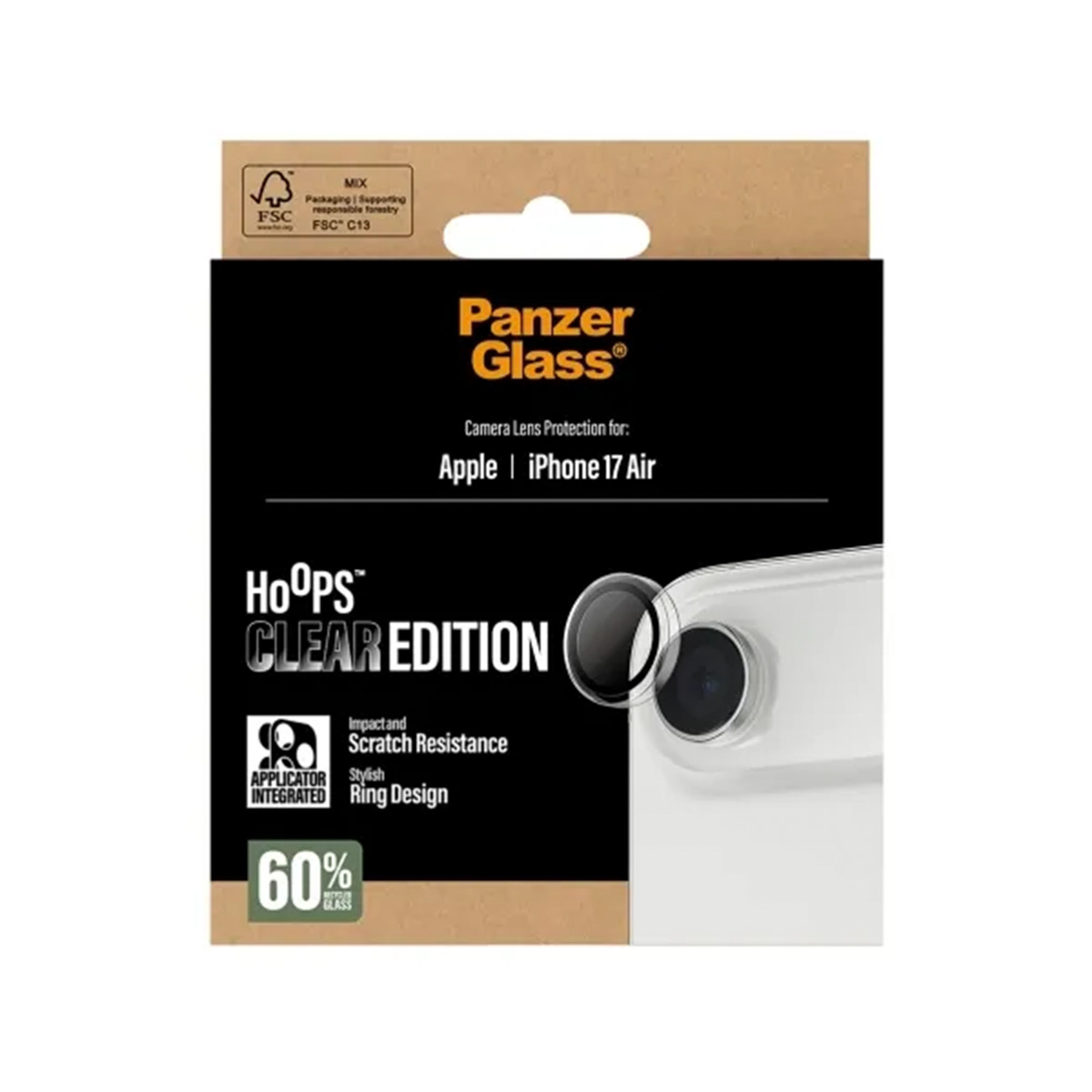 Panzer Glass cameralensbescherming voor iPhone 17 Air. Met ring design.