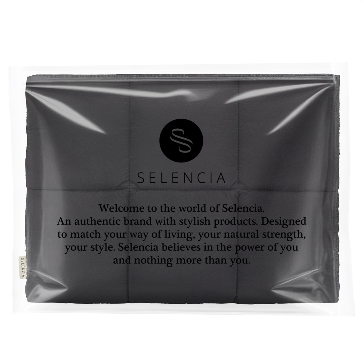 Gray pouch with black logo and text about Selencia.
