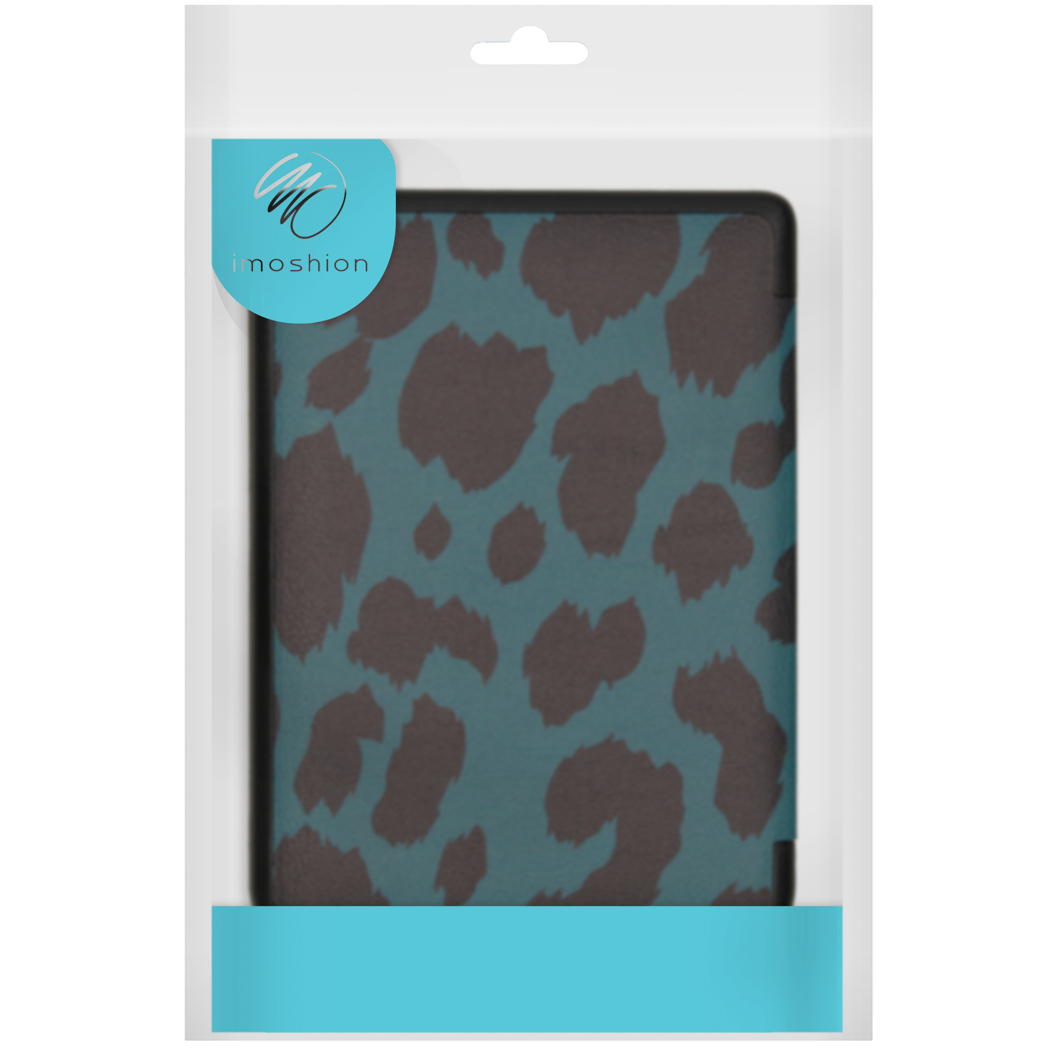 Turquoise hoes met donkerbruine luipaardprint in verpakking.