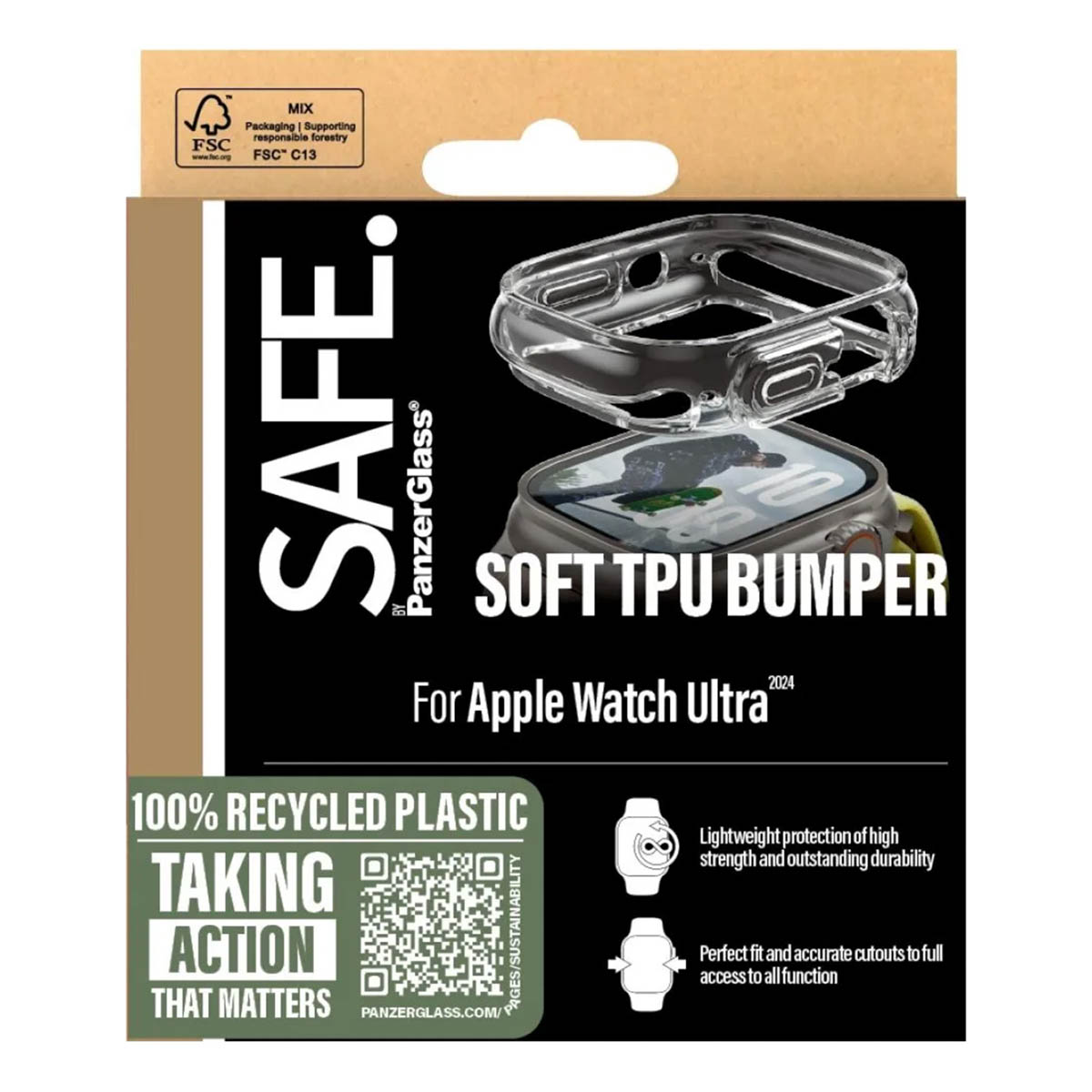 SAFE by PanzerGlass soft TPU bumper for Apple Watch Ultra. 100% recycled plastic.