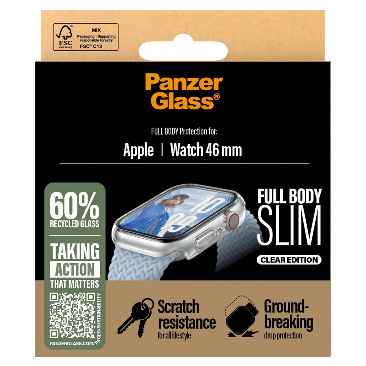 Panzer Glass packaging for Apple Watch 46mm, featuring 60% recycled glass.
