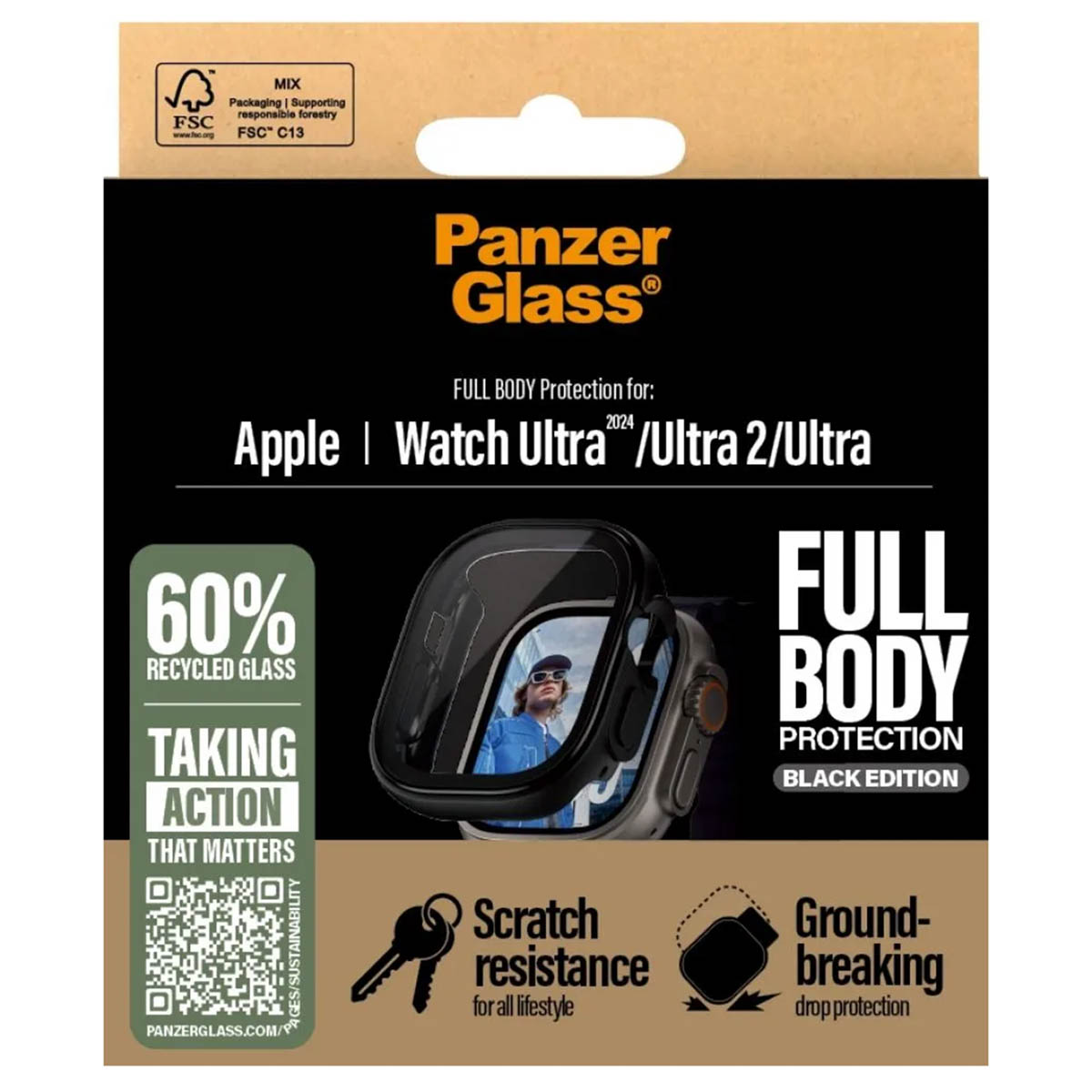 Panzer Glass packaging for Apple Watch Ultra. 60% recycled glass, scratch resistance.