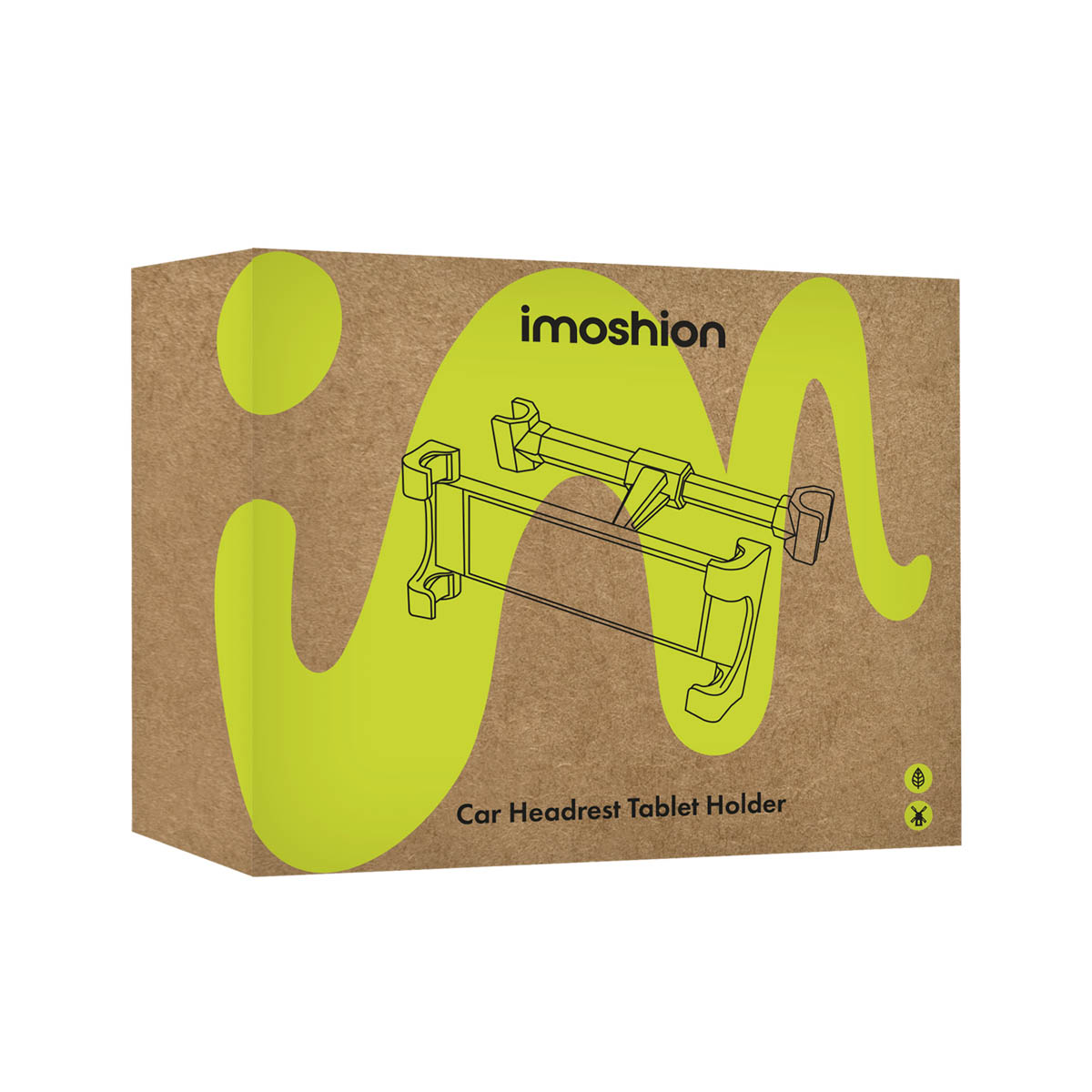 A brown box featuring a diagram of a car headrest tablet holder.