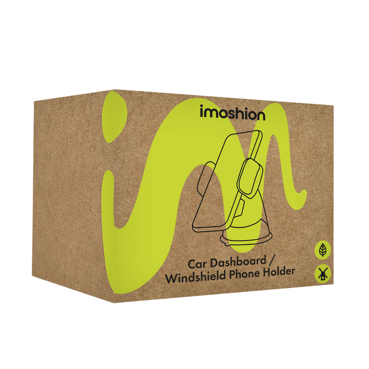 Imoshion car phone holder packaging with green graphic design.