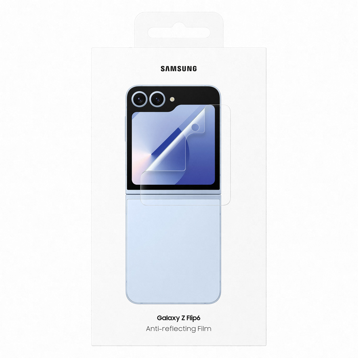 Samsung Galaxy Z Flip6 Displayschutzfolie auf Verpackung.