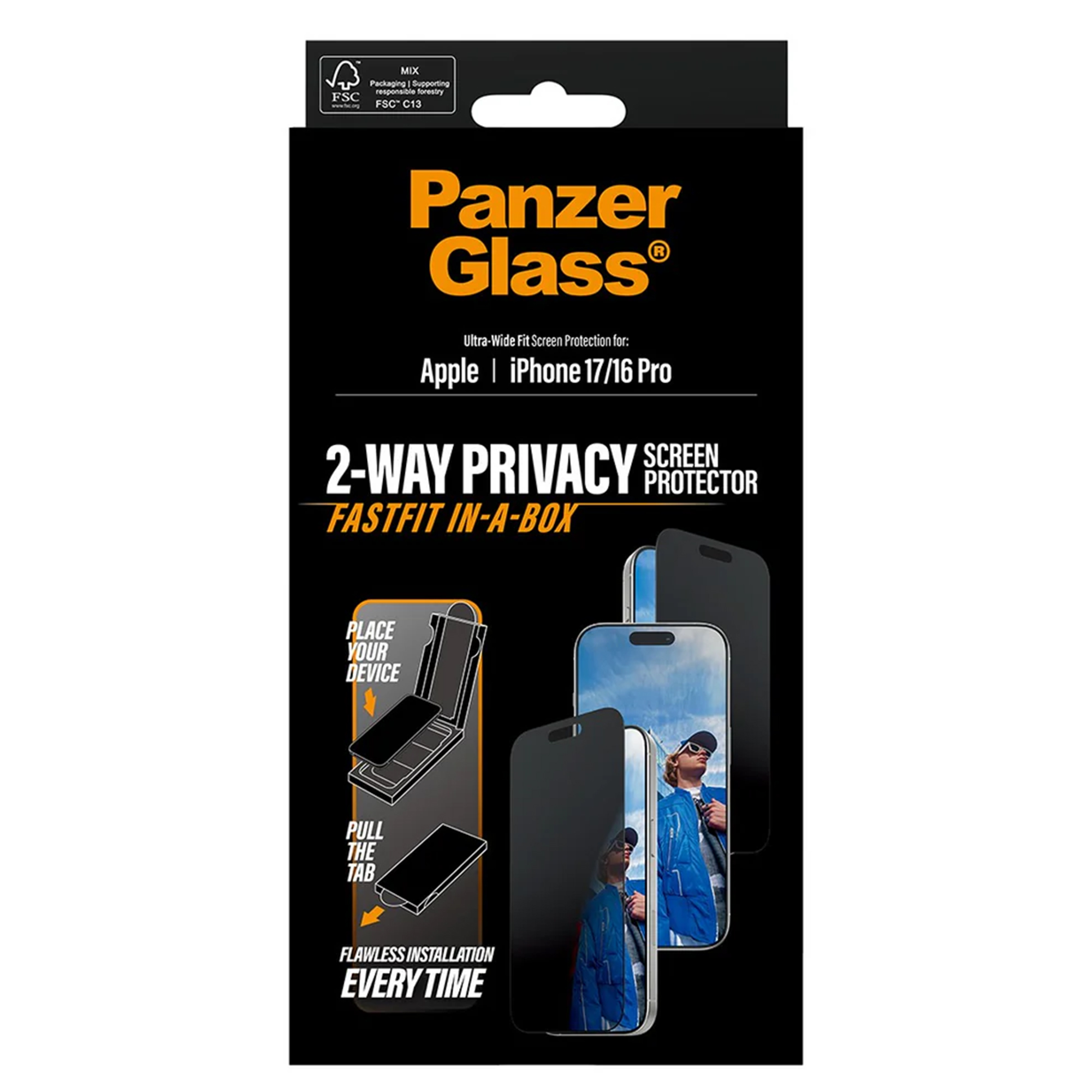 iPhone 17/16 Pro için Panzer Glass gizlilik ekran koruyucu ambalajı, talimatlı.