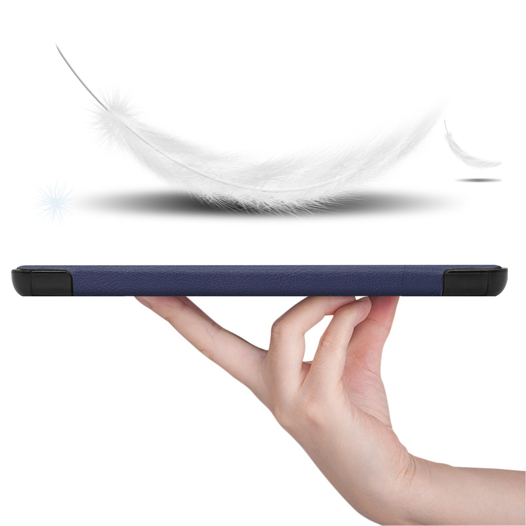 A hand holds a dark blue case. A feather floats above it.