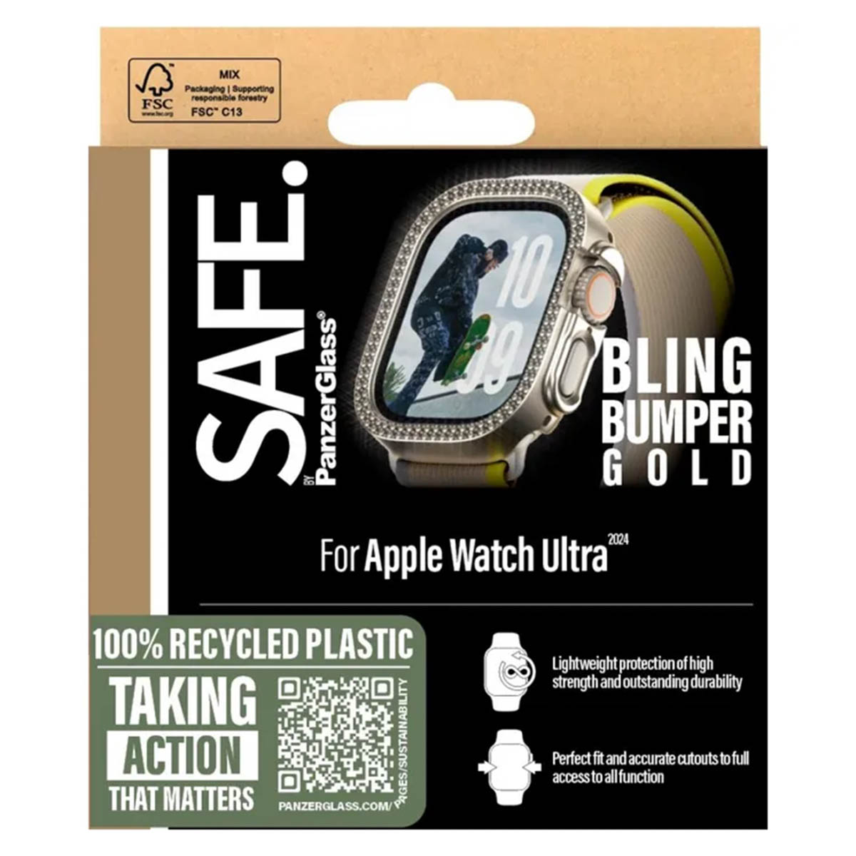 Apple Watch Ultra packaging: Bling Bumper Gold with skateboarder graphic.