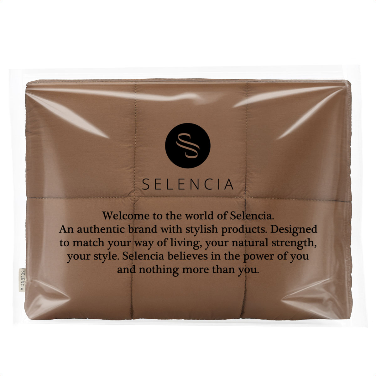 Brown quilted bag with Selencia logo and slogan.