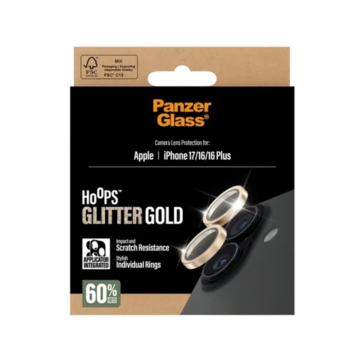 Panzer Glass goud glitter cameralens protectors voor iPhone 17/16/16 Plus.