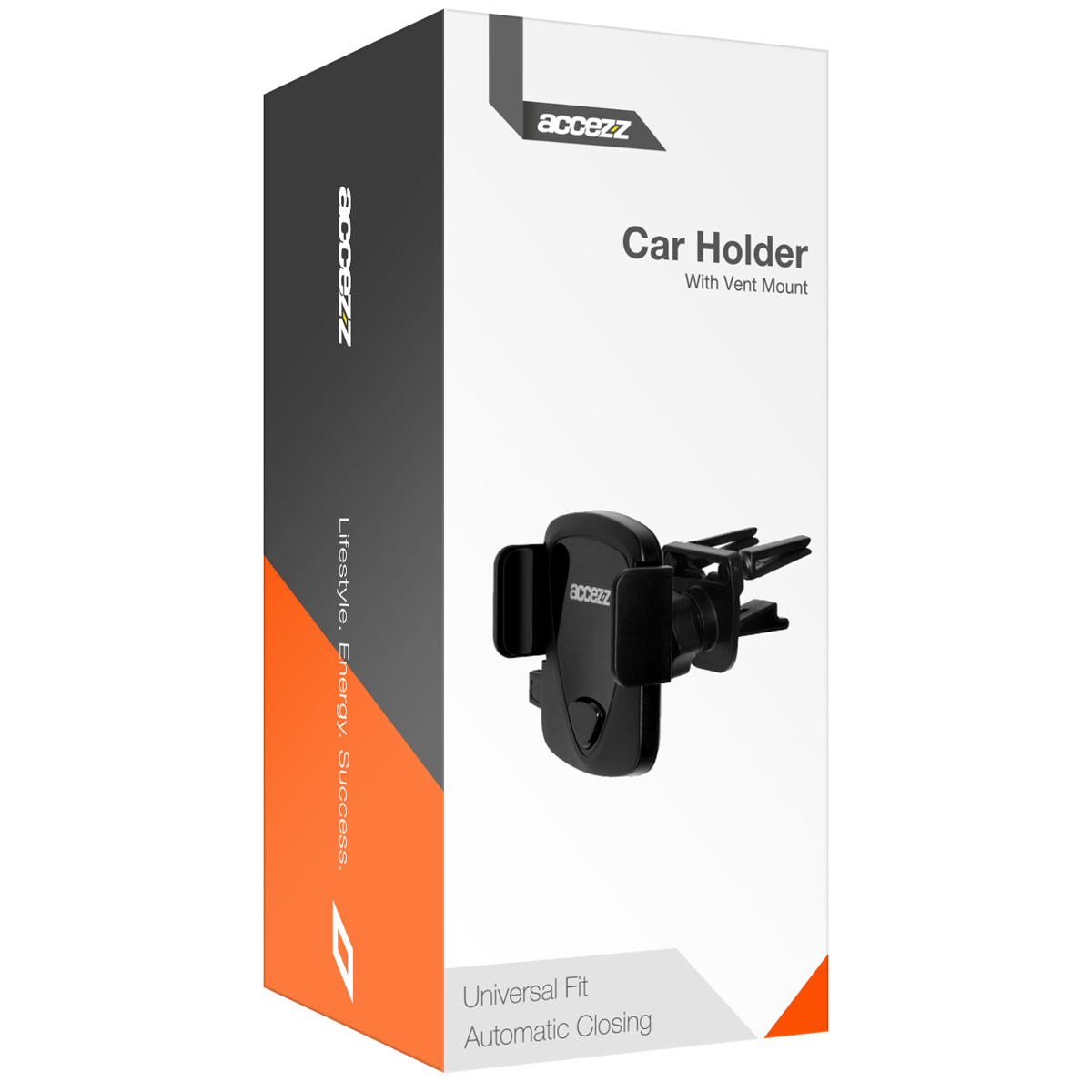 Black car phone holder with vent mount on packaging.