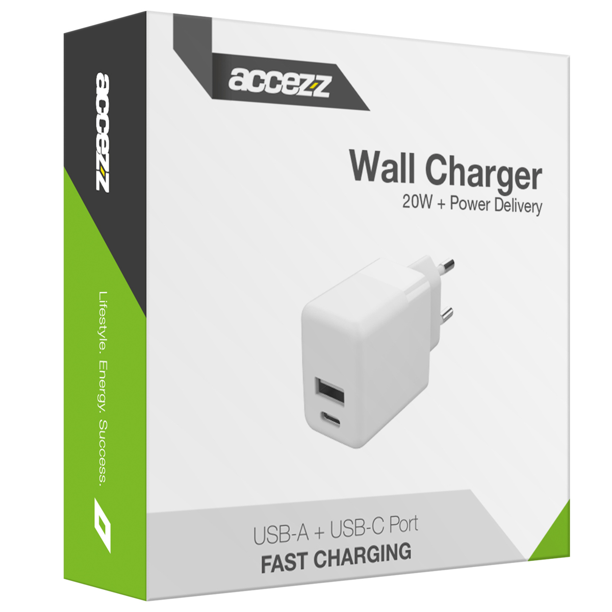 Witte wandoplader met USB-A en USB-C poorten. Merk: accezz.