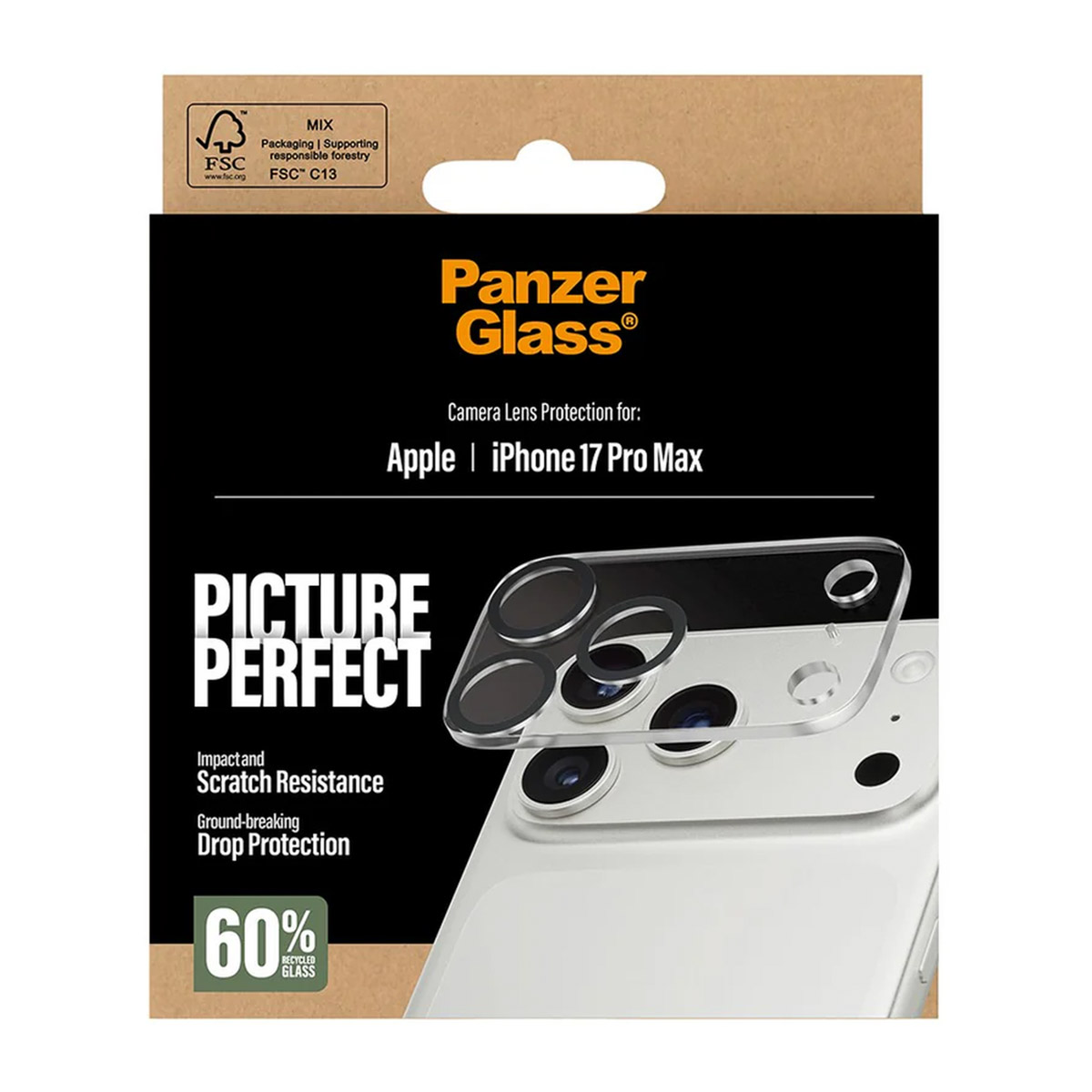 Protezione lenti fotocamera Panzer Glass per iPhone 17 Pro Max, con 60% vetro riciclato.