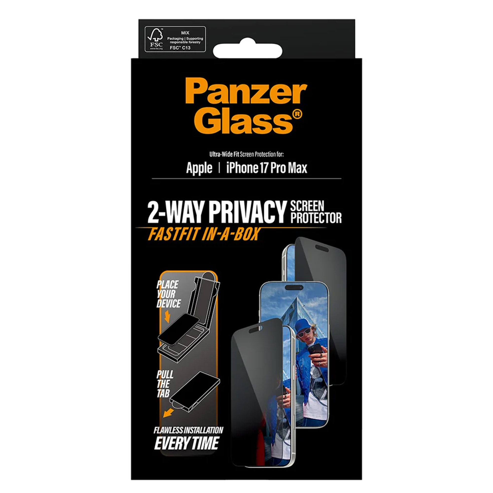 Scatola protettore schermo Panzer Glass per iPhone 17 Pro Max, con guida.