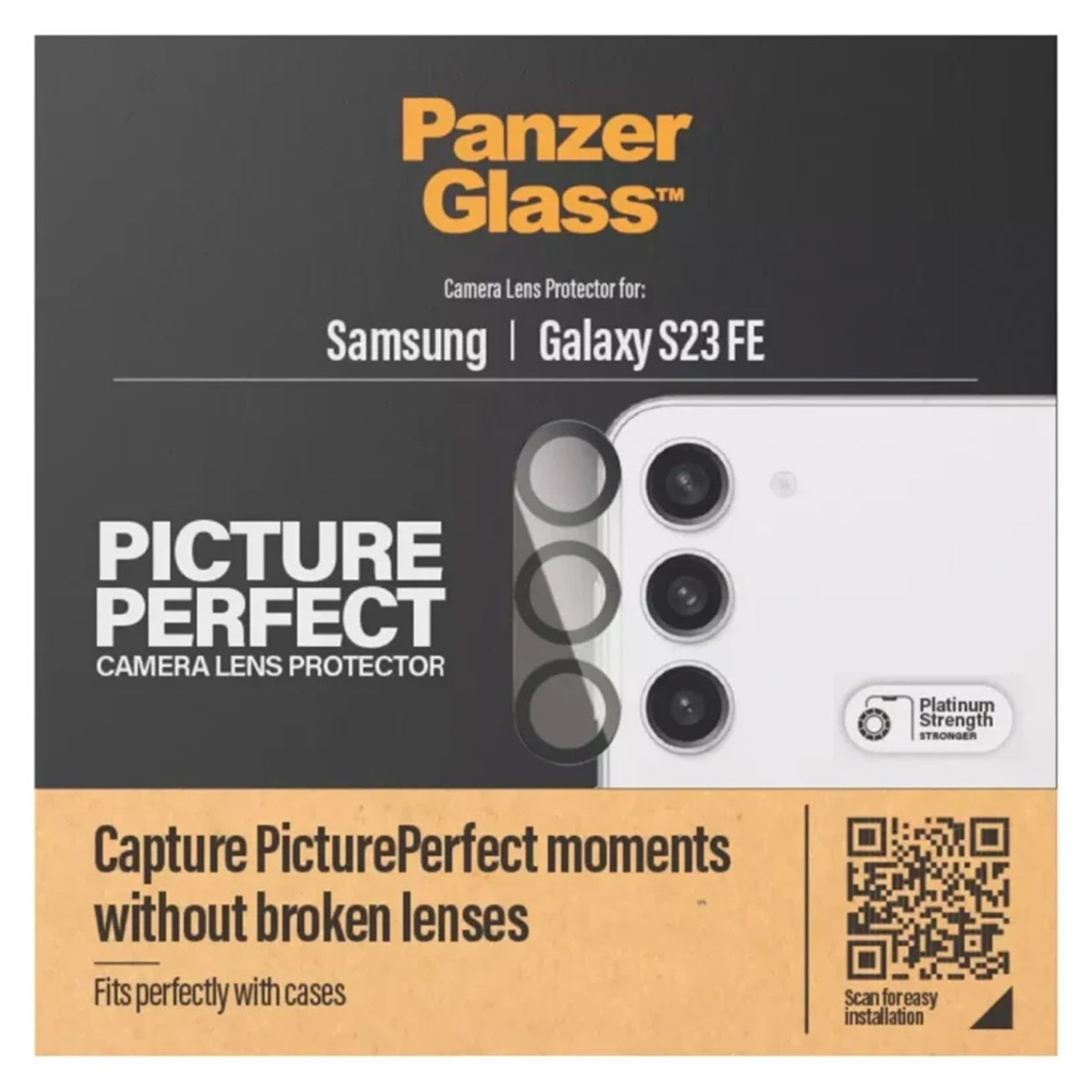 Panzer Glass cameralens protector voor Samsung Galaxy S23 FE met 3 lenzen. Witte achterkant.