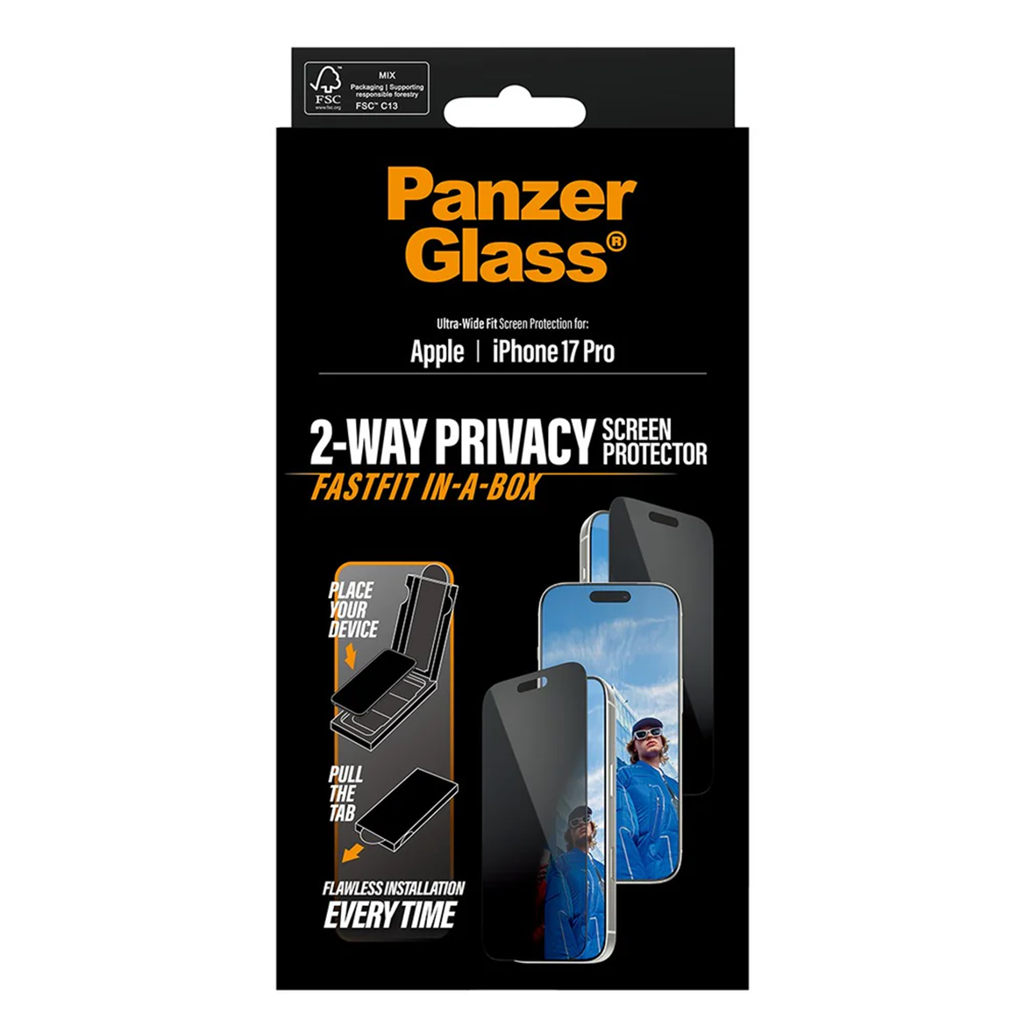iPhone 17 Pro için Panzer Glass ekran koruyucu kutusu, kurulum kılavuzlu.