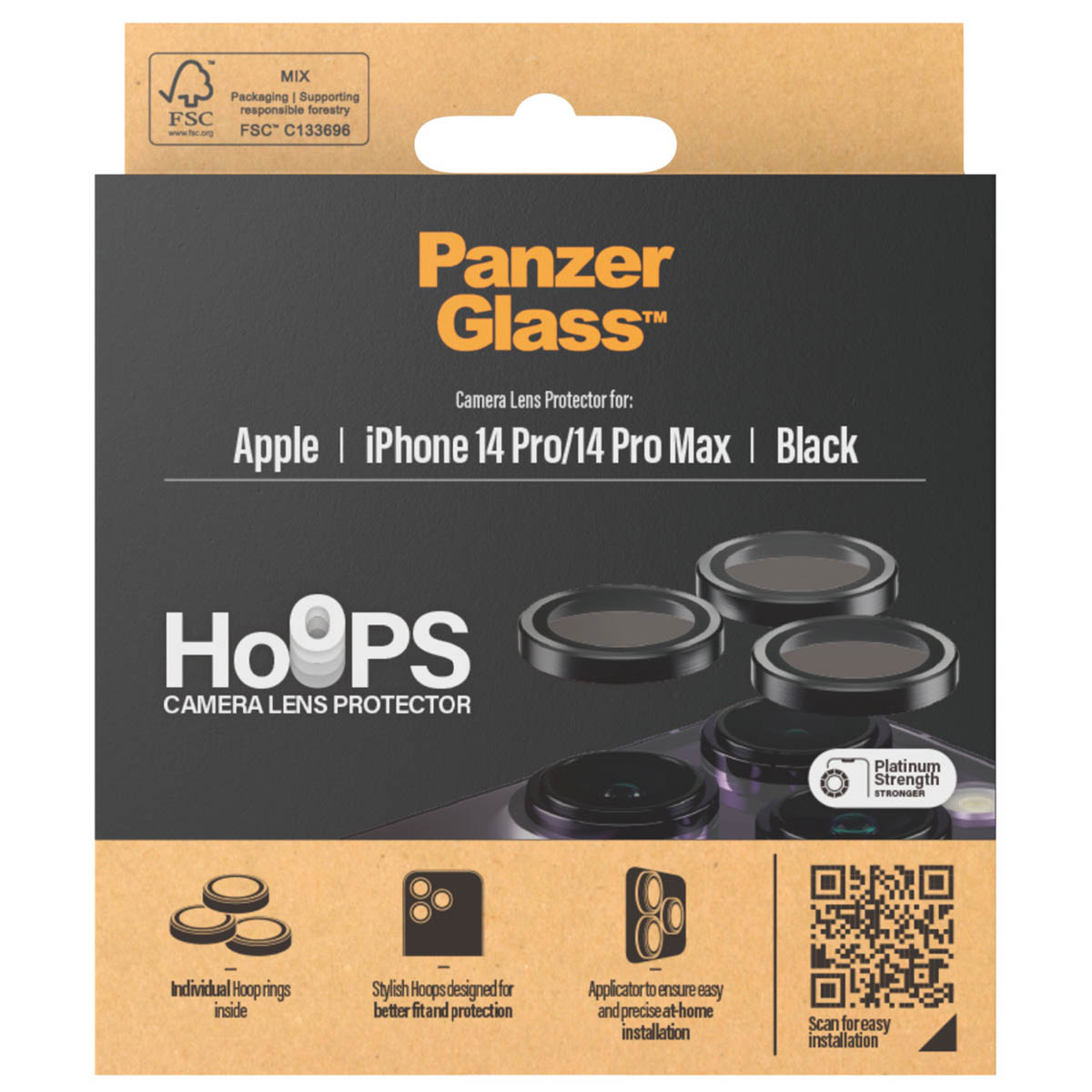 Panzer Glass Hoops cameralens protector voor iPhone 14 Pro/Max. Zwart.