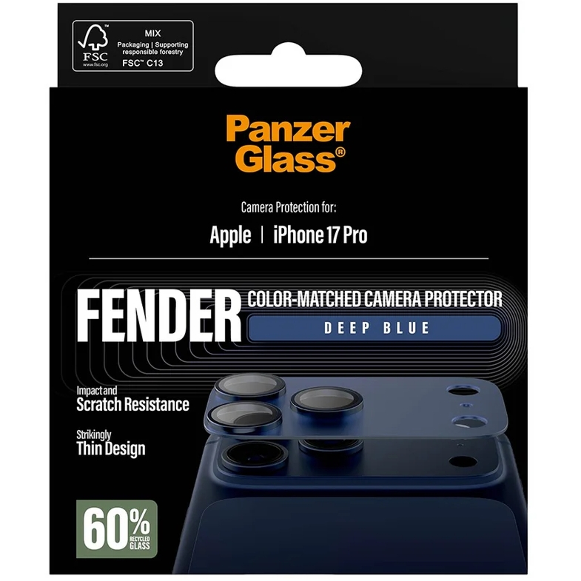 Emballage de protection caméra Panzer Glass pour iPhone 17 Pro Bleu Profond.