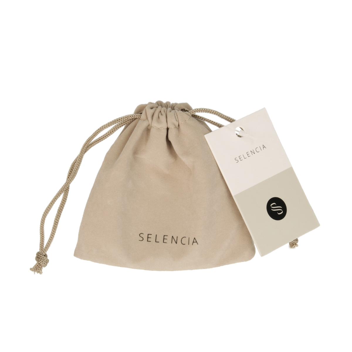 Una pochette beige con coulisse e un'etichetta con logo.