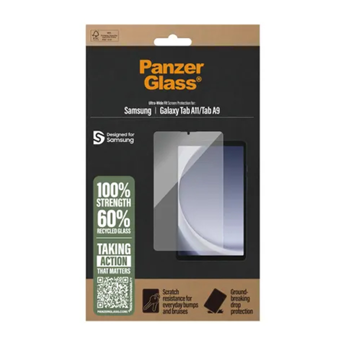 Protezione schermo Panzer Glass per Samsung Galaxy Tab A11/A9, 100% resistenza, 60% riciclato.