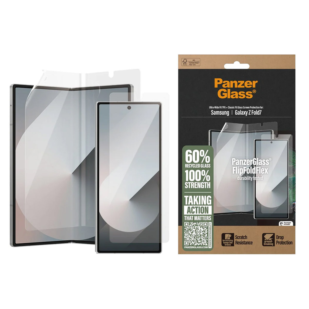 PanzerGlass per Samsung Galaxy Z Fold7: pellicole protettive e confezione.