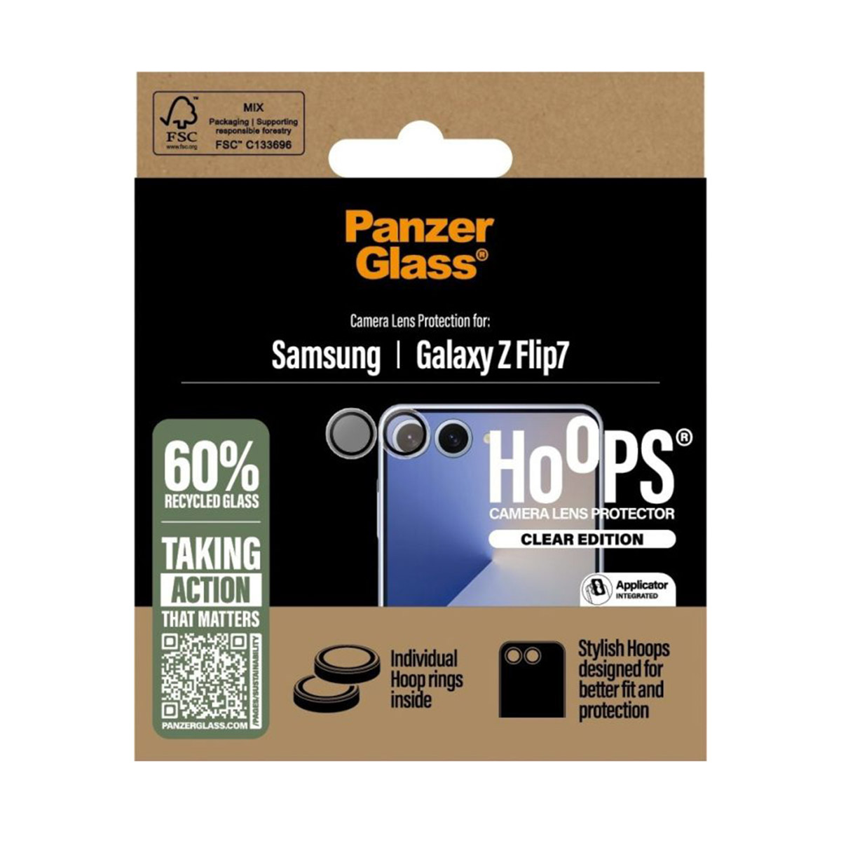 Confezione Panzer Glass Hoops per Samsung Galaxy Z Flip7. 60% vetro riciclato.