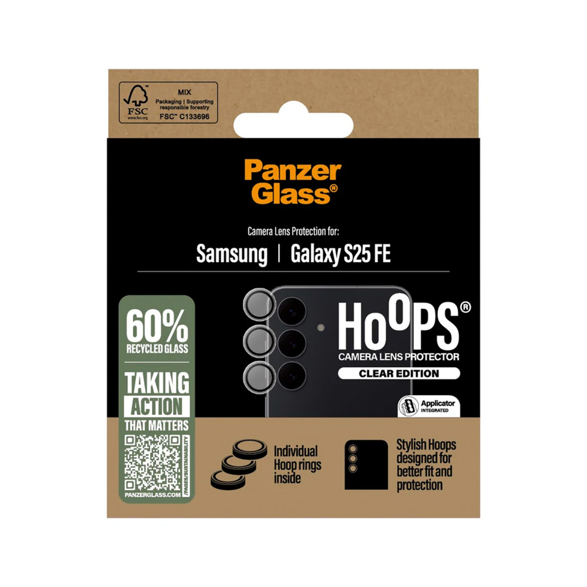 Panzer Glass Camera Lens Protector verpakking voor Samsung Galaxy S25 FE.